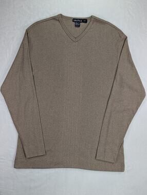 Nautica Men's Large Tan Navtech Performance Soft V-Neck Cotton Sweater VTG 90s